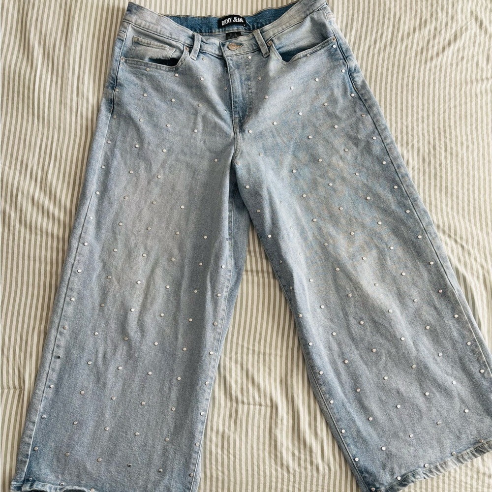 Light Blue Wide-Leg Jeans with Studded Detail